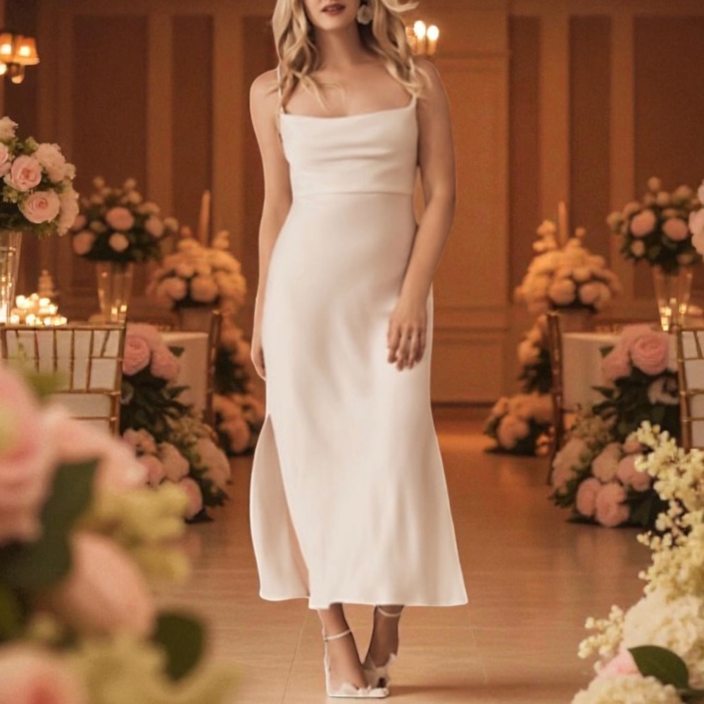 New BHLDN x Anthropologie Cali Satin 2 & 4 Off White Ivory Bridal Midi Slip